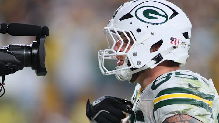 Green Bay Packers tight end Tucker Kraft (85) talks to the camera after scoring a touchdown against the Pittsburgh Steelers. Green Bay Packers tight end Tucker Kraft (85) talks to the camera after scoring a touchdown against the Pittsburgh Steelers.