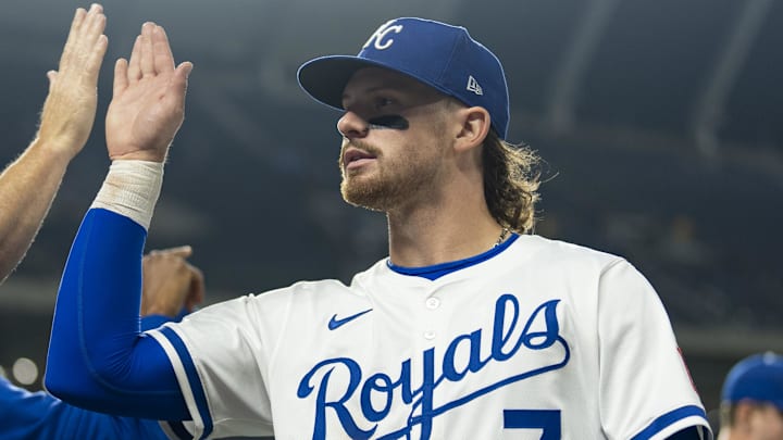 Sep 4, 2025; Kansas City, Missouri, USA; Kansas City Royals shortstop Bobby Witt Jr. (7) celebrates with teammates after defeating the Los Angeles Angels at Kauffman Stadium. Mandatory Credit: Jay Biggerstaff-Imagn Images Sep 4, 2025; Kansas City, Missouri, USA; Kansas City Royals shortstop Bobby Witt Jr. (7) celebrates with teammates after defeating the Los Angeles Angels at Kauffman Stadium. Mandatory Credit: Jay Biggerstaff-Imagn Images