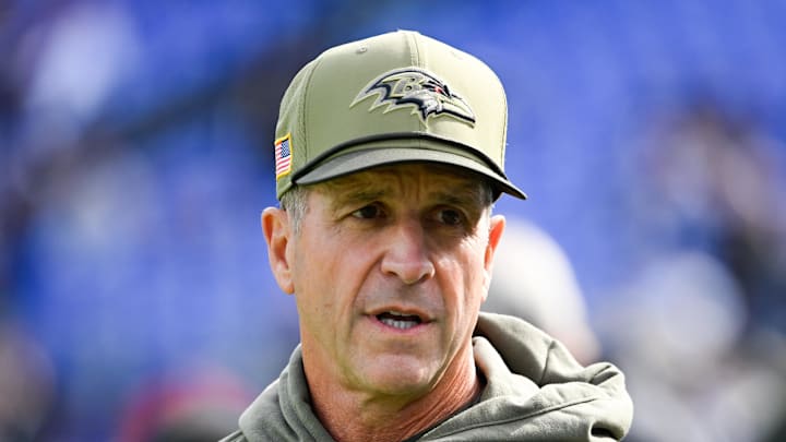 Oct 26, 2025; Baltimore, Maryland, USA;  Baltimore Ravens head coach John Harbaugh looks on before the game against the Chicago Bears at M&T Bank Stadium. Mandatory Credit: Tommy Gilligan-Imagn Images