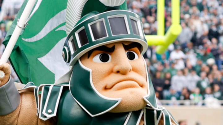 Michigan State mascot Sparty carries a flag during the Spartans' game against UCLA on Oct. 11, 2025. Michigan State mascot Sparty carries a flag during the Spartans' game against UCLA on Oct. 11, 2025.