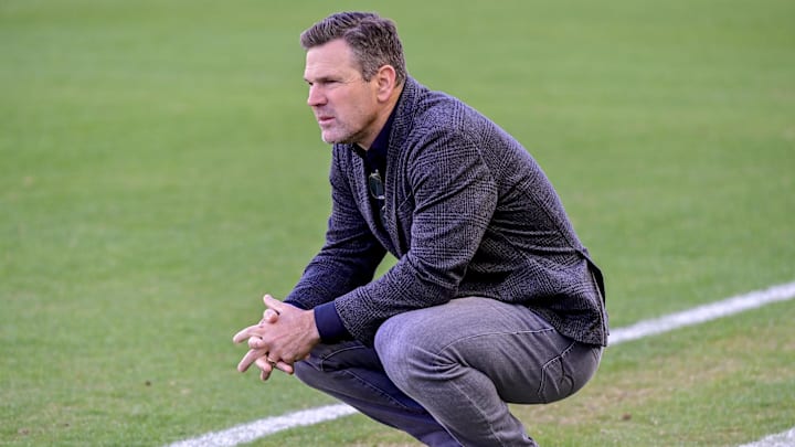 LA Galaxy head coach Greg Vanney on the pitch against Real Salt Lake during the second half at America First Field.