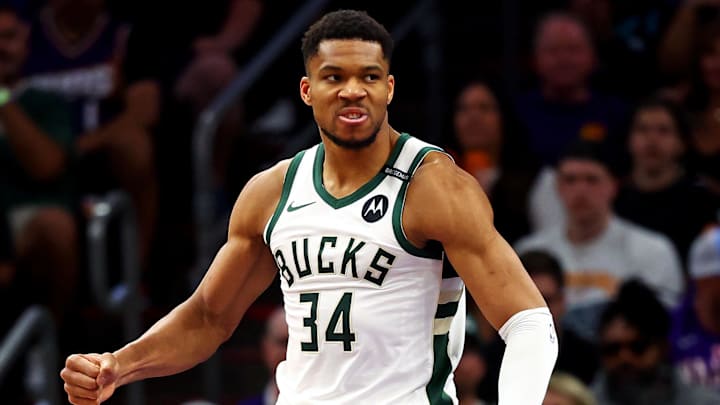 Mar 24, 2025; Phoenix, Arizona, USA; Milwaukee Bucks forward Giannis Antetokounmpo (34) reacts after a play during the second quarter against the Phoenix Suns at Footprint Center. Mandatory Credit: Mark J. Rebilas-Imagn Images