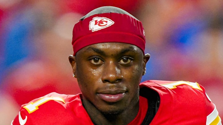 Oct 12, 2025; Kansas City, Missouri, USA; Kansas City Chiefs wide receiver Xavier Worthy (1) warms up prior to a game against the Detroit Lions at GEHA Field at Arrowhead Stadium. Mandatory Credit: Jay Biggerstaff-Imagn Images