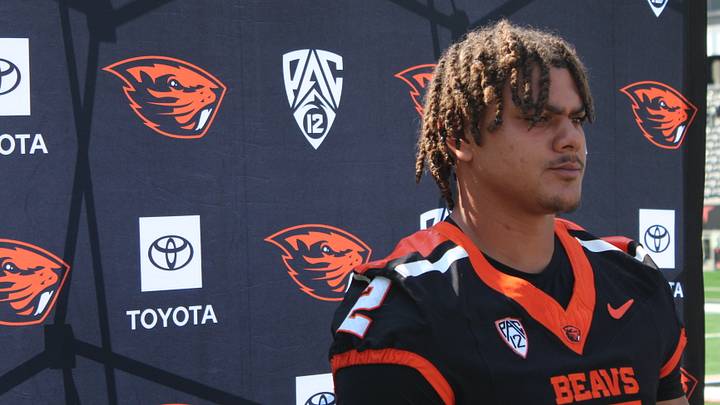 Oregon State linebacker Aiden Sullivan speaking to the press during media day. Oregon State linebacker Aiden Sullivan speaking to the press during media day.