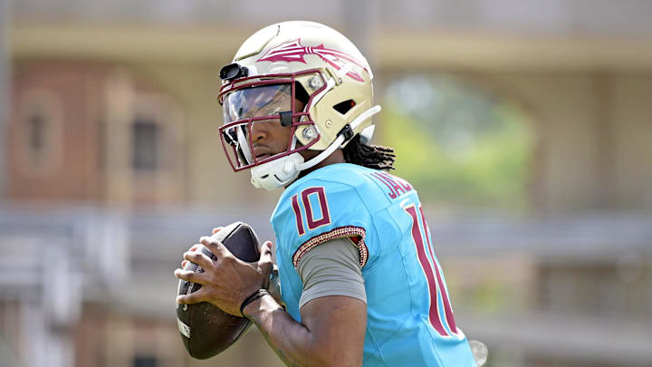 Apr 20, 2024; Tallahassee, Florida, USA; Florida State Seminoles quarterback Trever Jackson (10) during the Spring Showcase at Doak S. Campbell Stadium. Mandatory Credit: Melina Myers-Imagn Images