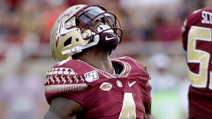 Oct 26, 2019; Tallahassee, FL, USA; Florida State Seminoles running back Khalan Laborn (4) celebrates a first down during the third quarter as Florida State hosts Syracuse at Doak Campbell Stadium. Mandatory Credit: Glenn Beil-Imagn Images