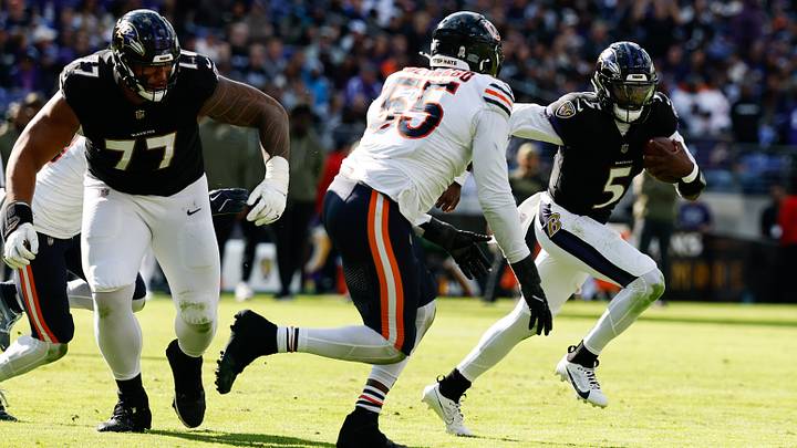Defensive end Dayo Odeyingbo flushes out Tyler Huntley last year in a Bears loss at Baltimore. Defensive end Dayo Odeyingbo flushes out Tyler Huntley last year in a Bears loss at Baltimore.