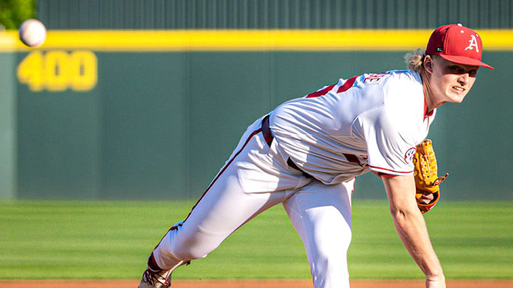Arkansas righty Tate McGuire throws a pitch against Arkansas State. The Razorbacks won 7-3. 
