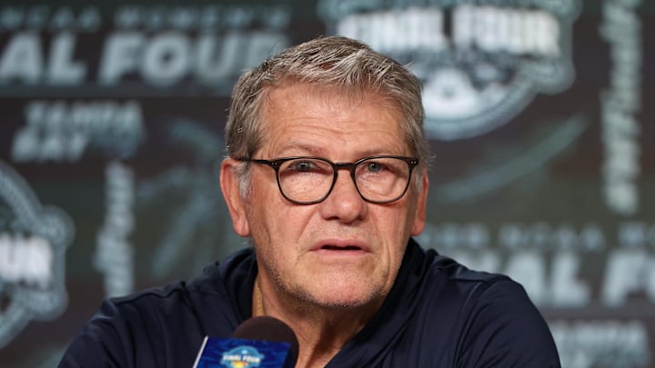 Apr 5, 2025; Tampa, FL, USA; UConn Huskies head coach Geno Auriemma talks to media before the NCAA Woman’s Final practice at Amalie Arena. Mandatory Credit: Nathan Ray Seebeck-Imagn Images Apr 5, 2025; Tampa, FL, USA; UConn Huskies head coach Geno Auriemma talks to media before the NCAA Woman’s Final practice at Amalie Arena. Mandatory Credit: Nathan Ray Seebeck-Imagn Images