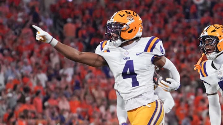 LSU cornerback Mansoor Delane reacts after an interception against the Clemson Tigers 