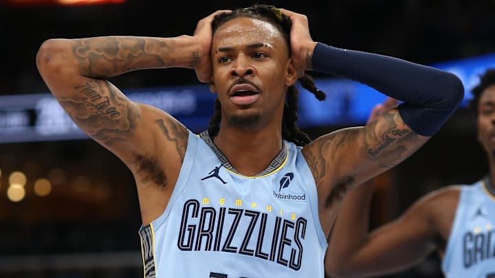 Memphis Grizzlies guard Ja Morant (12) reacts (Mandatory Credit: Petre Thomas-Imagn Images)