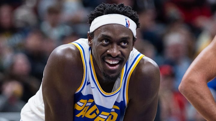 Nov 29, 2025; Indianapolis, Indiana, USA; Indiana Pacers forward Pascal Siakam (43) reacts against the Chicago Bulls during the second half at Gainbridge Fieldhouse. Mandatory Credit: Trevor Ruszkowski-Imagn Images