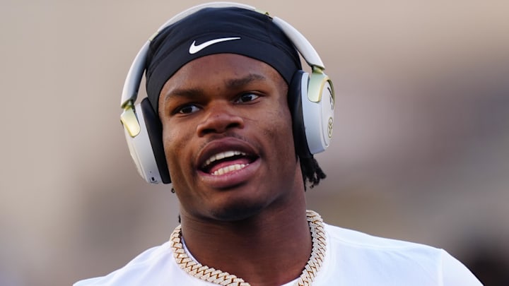 Nov 16, 2024; Boulder, Colorado, USA; Colorado Buffaloes wide receiver Travis Hunter (12) before the game against the Utah Utes at Folsom Field. Mandatory Credit: Ron Chenoy-Imagn Images Nov 16, 2024; Boulder, Colorado, USA; Colorado Buffaloes wide receiver Travis Hunter (12) before the game against the Utah Utes at Folsom Field. Mandatory Credit: Ron Chenoy-Imagn Images