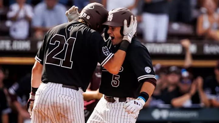 Mississippi State Outfielder Aidan Teel (#5) Mississippi State Catcher Kevin Milewski (#21) during the game between the Louisiana State and the Mississippi State Bulldogs at Dudy Noble Field at Polk-Dement Stadium in Starkville, MS.