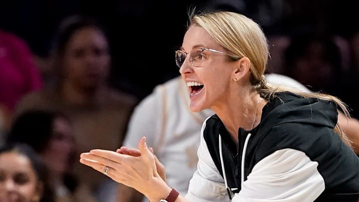 Vanderbilt head coach Shea Ralph works with her team against the South Carolina during the second quarter at Memorial Gym in Nashville, Tenn., Sunday, Feb. 23, 2025.