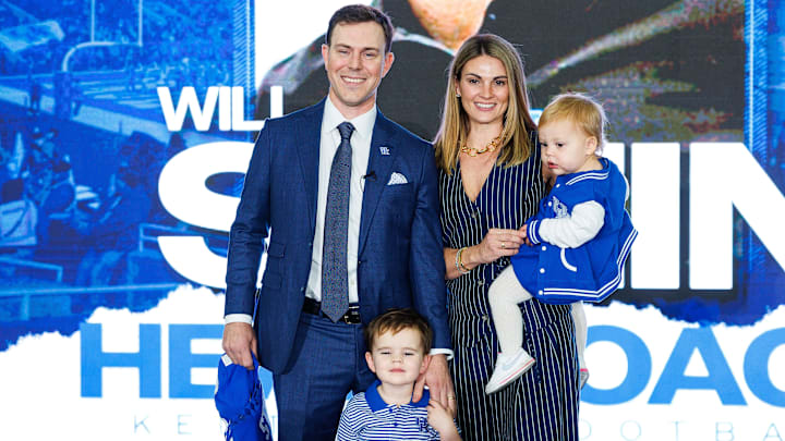Dec 3, 2025; Lexington, KY, USA; Kentucky Wildcats head football coach Will Stein, his wife Darby, and his children Joey and Demi pose for a photo after Stein’s press conference at Nutter Field House. Mandatory Credit: Jordan Prather-Imagn Images