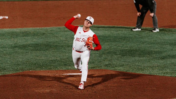 Right-handed pitcher Anderson Nance throws a pitch in NC State's 12-7 victory over the Miami Hurricanes on Saturday, May 2, 2026 in Raleigh, N.C. 
