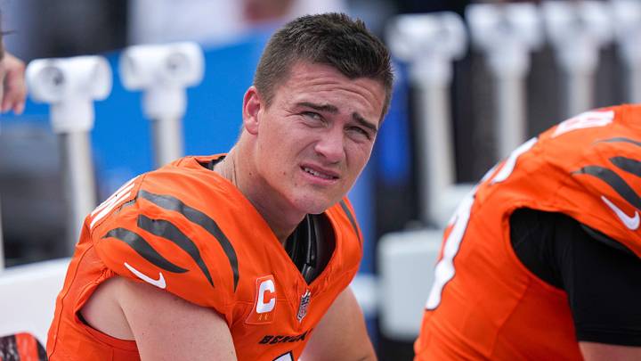 Cincinnati Bengals place kicker Evan McPherson (2) sits on the bench between drives in the fourth quarter of the NFL Week 1 game between the Cincinnati Bengals and the Tampa Bay Buccaneers at Paycor Stadium in Cincinnati on Sunday, Sept. 13, 2026.