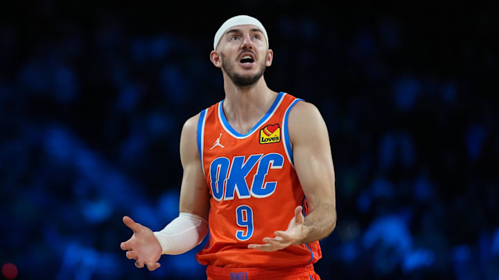 Dec 13, 2025; Las Vegas, Nevada, USA; Oklahoma City Thunder guard Alex Caruso (9) reacts in the games closing seconds against the San Antonio Spurs during the fourth quarter at T-Mobile Arena. Mandatory Credit: Kirby Lee-Imagn Images