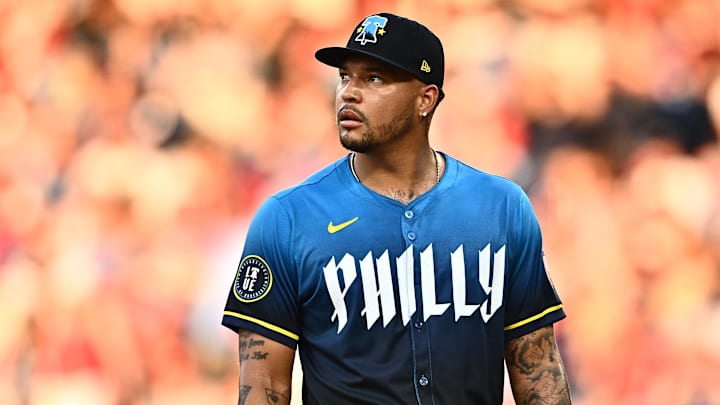Jun 21, 2024; Philadelphia, Pennsylvania, USA; Philadelphia Phillies starting pitcher Taijuan Walker (99) looks on after allowing three runs against the Arizona Diamondbacks in the third inning at Citizens Bank Park