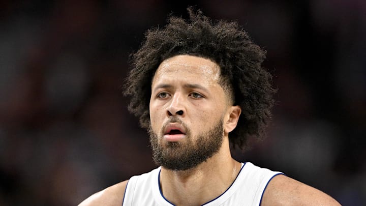 Detroit Pistons guard Cade Cunningham looks on during the second half against the Dallas Mavericks.