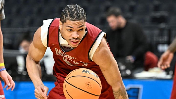 Arkansas Razorbacks guard Darius Acuff Jr. (5) dribbles the ball during a practice session ahead of the first round of the men's 2026 NCAA Tournament at Moda Center.