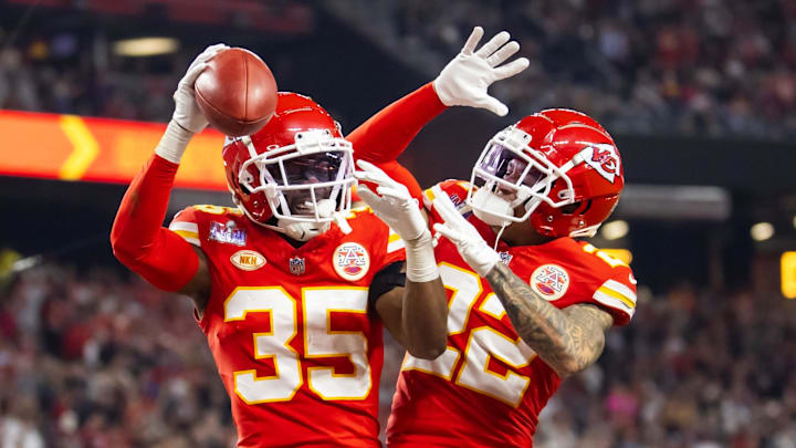 Feb 11, 2024; Paradise, Nevada, USA; Kansas City Chiefs cornerback Jaylen Watson (35) celebrates with Trent McDuffie (22) after recovering a muffed punt against the San Francisco 49ers in the second half in Super Bowl LVIII at Allegiant Stadium. Mandatory Credit: Mark J. Rebilas-Imagn Images