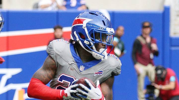 Bills safety C.J. Gardner-Johnson intercepts a pass near the end zone and runs it back to midfield against the Chargers during their game Sunday, September 27, 2026 at Highmark Stadium in Orchard Park, NY.