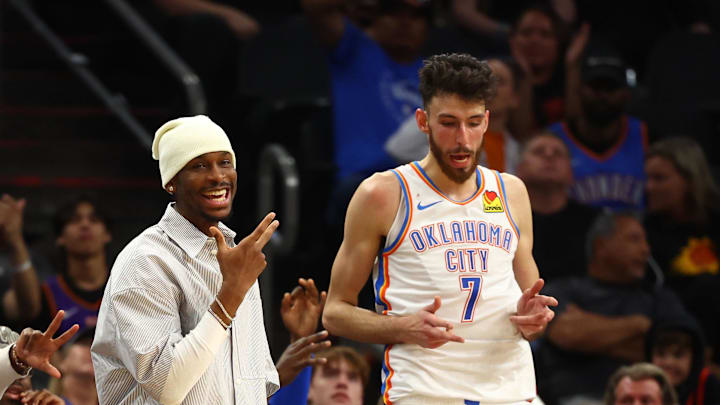 Apr 9, 2025; Phoenix, Arizona, USA; Oklahoma City Thunder forward Chet Holmgren (7) reacts on the bench against the Phoenix Suns during the second half at Footprint Center. Mandatory Credit: Mark J. Rebilas-Imagn Images Apr 9, 2025; Phoenix, Arizona, USA; Oklahoma City Thunder forward Chet Holmgren (7) reacts on the bench against the Phoenix Suns during the second half at Footprint Center. Mandatory Credit: Mark J. Rebilas-Imagn Images