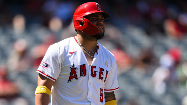 Sep 7, 2025; Anaheim, California, USA; Los Angeles Angels third baseman Yoan Moncada (5) reacts after being hit by a pitch against the Athletics during the third inning at Angel Stadium. Mandatory Credit: William Liang-Imagn Images
