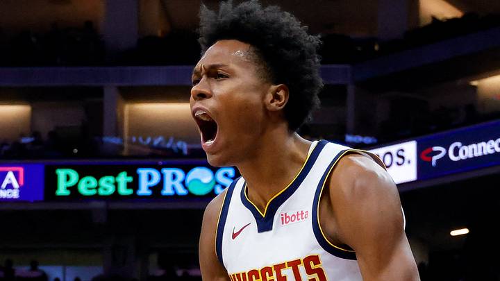 Dec 16, 2024; Sacramento, California, USA; Denver Nuggets forward Peyton Watson (8) reacts after scoring a basket against the Sacramento Kings during the second quarter at Golden 1 Center. Mandatory Credit: Sergio Estrada-Imagn Images