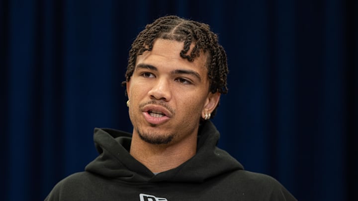 North Dakota State wideout Bryce Lance speaks to members of the media