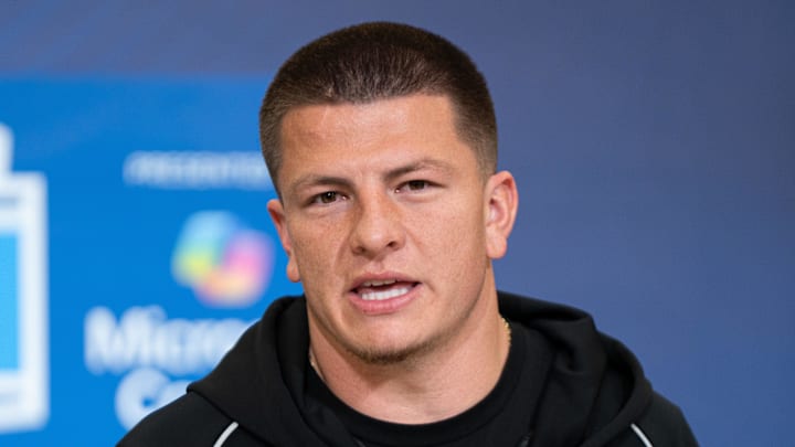Feb 27, 2026; Indianapolis, IN, USA; Vanderbilt quarterback Diego Pavia (QB14) speaks to members of the media during the NFL Combine at the Indiana Convention Center. Mandatory Credit: Jacob Musselman-Imagn Images