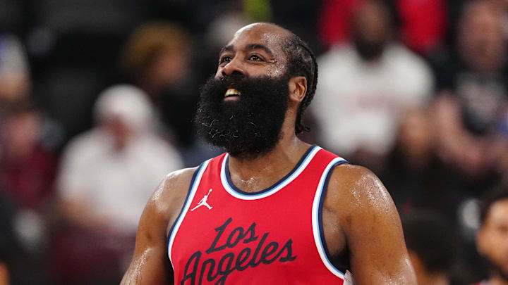 Apr 8, 2025; Inglewood, California, USA; LA Clippers guard James Harden (1) reacts against the San Antonio Spurs in the first half at Intuit Dome. Mandatory Credit: Kirby Lee-Imagn Images