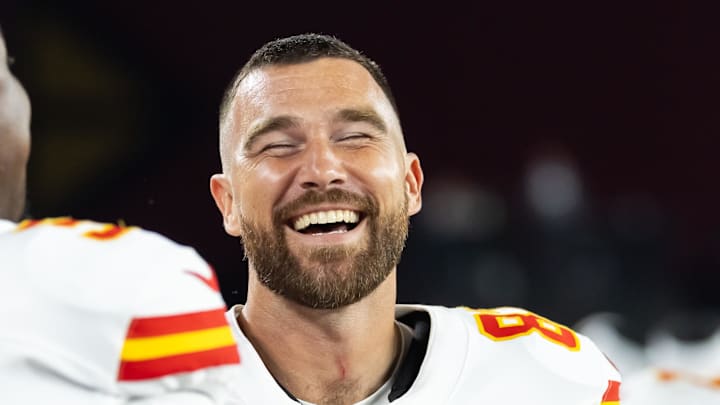 Aug 9, 2025; Glendale, Arizona, USA; Kansas City Chiefs defensive tackle Chris Jones (95) with tight end Travis Kelce (87) against the Arizona Cardinals during a preseason NFL game at State Farm Stadium. Mandatory Credit: Mark J. Rebilas-Imagn Images