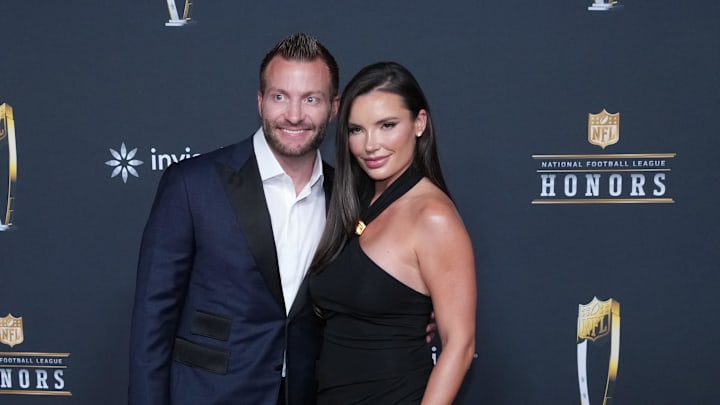 Feb 5, 2026; San Francisco, CA, USA; Sean McVay and Veronika Khomyn on the NFL Honors Red Carpet before Super Bowl LX at Palace of Fine Arts. Mandatory Credit: Kirby Lee-Imagn Images