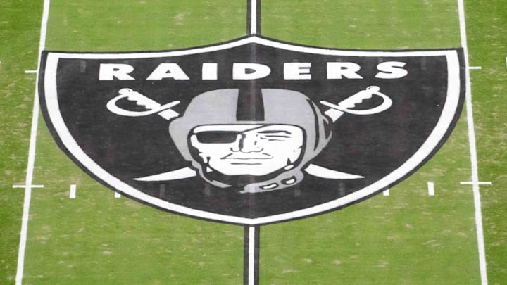 Jan 4, 2026; Paradise, Nevada, USA; The Las Vegas Raiders shield logo at midfield at Allegiant Stadium. Mandatory Credit: Kirby Lee-Imagn Images