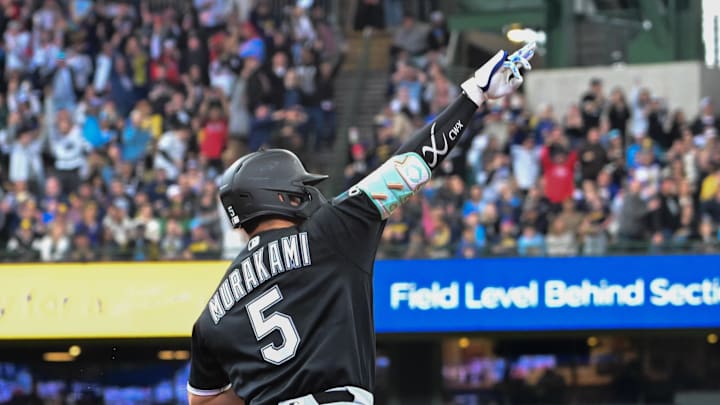 Mar 29, 2026; Milwaukee, Wisconsin, USA;  Chicago White Sox first baseman Munetaka Murakami (5) reacts after hitting a solo home run in the second inning against the Milwaukee Brewers at American Family Field. Mandatory Credit: Benny Sieu-Imagn Images
