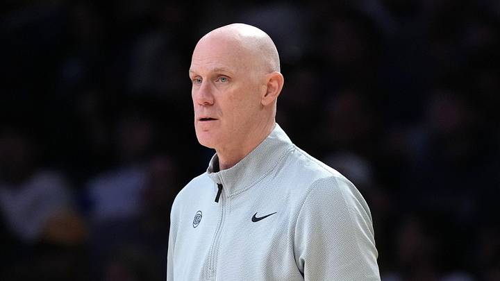 Mar 8, 2026; Los Angeles, California, USA; New York Knicks assistant coach Chris Jent watches against the Los Angeles Lakers at Crypto.com Arena. Mandatory Credit: Kirby Lee-Imagn Images