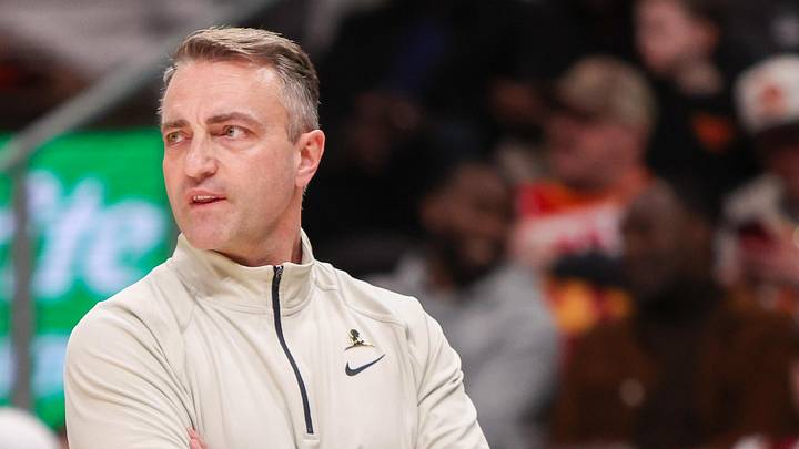 Jan 23, 2025; Atlanta, Georgia, USA; Toronto Raptors head coach Darko Rajakovic on the sideline against the Atlanta Hawks in the second quarter at State Farm Arena. Mandatory Credit: Brett Davis-Imagn Images