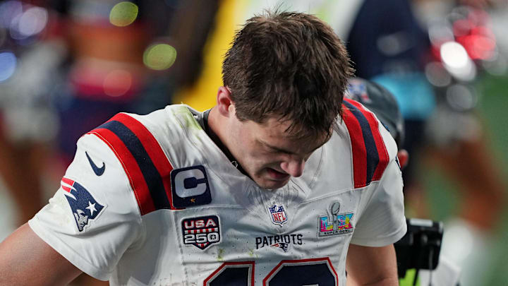 Feb 8, 2026; Santa Clara, CA, USA; New England Patriots quarterback Drake Maye (10) exits the field after the loss against the Seattle Seahawks in Super Bowl LX at Levi's Stadium. Mandatory Credit: Darren Yamashita-Imagn Images