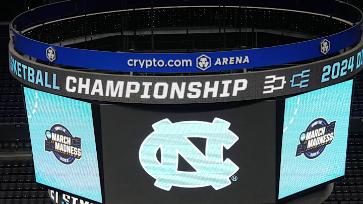 Mar 27, 2024; Los Angeles, CA, USA; The North Carolina Tar Heels logo on the video board during practice prior to NCAA Tournament at West Regional at Crypto.com Arena. Mandatory Credit: Kirby Lee-Imagn Images