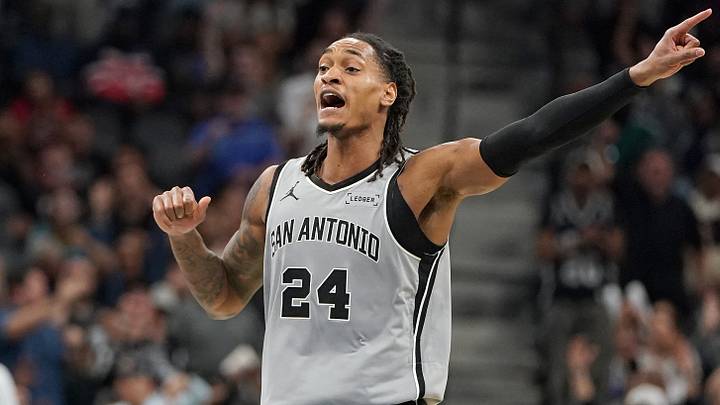Nov 7, 2025; San Antonio, Texas, USA; San Antonio Spurs guard Devin Vassell (24) reacts during the second half against the Houston Rockets at Frost Bank Center. Mandatory Credit: Dustin Safranek-Imagn Images