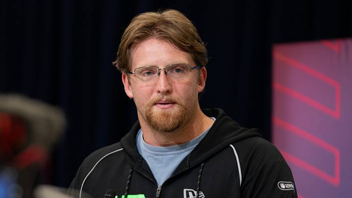 Feb 28, 2026; Indianapolis, IN, USA; Florida offensive lineman Jake Slaughter (OL47) speaks to members of the media during the NFL Combine at the Indiana Convention Center. Mandatory Credit: Jacob Musselman-Imagn Images