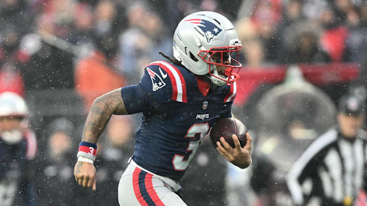 Jan 18, 2026; Foxborough, MA, USA; New England Patriots wide receiver DeMario Douglas (3) runs for a touchdown after a catch in the first quarter in an AFC Divisional Round game against the Houston Texans at Gillette Stadium. Mandatory Credit: Brian Fluharty-Imagn Images