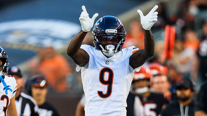 Aug 22, 2026; Cincinnati, Ohio, USA; Chicago Bears wide receiver Jahdae Walker (9) reacts after a play in the first half against the Cincinnati Bengals at Paycor Stadium. Mandatory Credit: Katie Stratman-Imagn Images