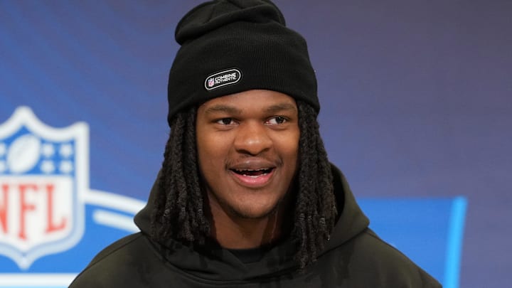 Feb 25, 2026; Indianapolis, IN, USA; Oklahoma linebacker Kendal Daniels (LB05) speaks during the NFL Scouting Combine at the Indiana Convention Center. Mandatory Credit: Kirby Lee-Imagn Images