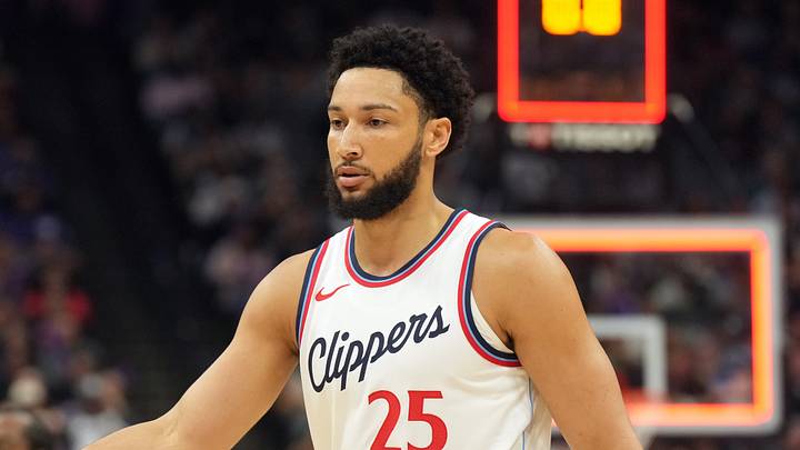 Apr 11, 2025; Sacramento, California, USA; Los Angeles Clippers guard Ben Simmons (25) at the end of the first quarter against the Sacramento Kings at Golden 1 Center. Mandatory Credit: Darren Yamashita-Imagn Images