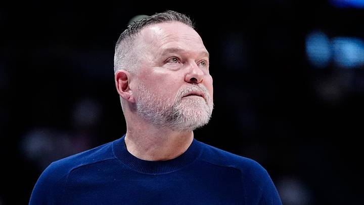 Mar 28, 2025; Denver, Colorado, USA; Denver Nuggets head coach Michael Malone during the second quarter against the Utah Jazz at Ball Arena. Mandatory Credit: Ron Chenoy-Imagn Images