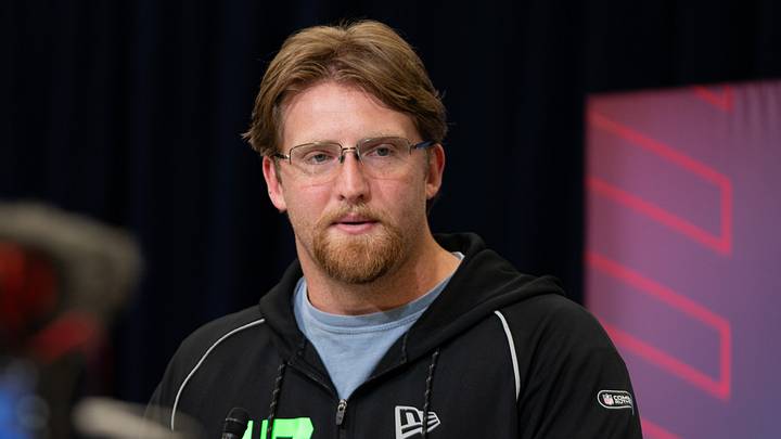 Feb 28, 2026; Indianapolis, IN, USA; Florida offensive lineman Jake Slaughter (OL47) speaks to members of the media during the NFL Combine at the Indiana Convention Center. Mandatory Credit: Jacob Musselman-Imagn Images